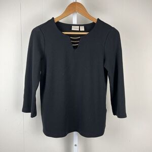 Chico's Black Stretch Knit Top Gold Hardware Detail 3/4‎ Sleeve Size 0 Small 4